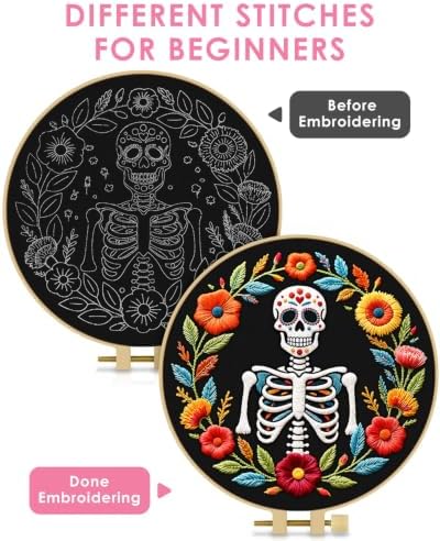 TINDTOP Embroidery Kit for Adult Beginners, Embroidery DIY Starter Kit, with Stamped Patterns, Hoop, Tools, Colorful Threads with Needles, Instructions (Skeleton A)