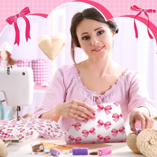 HunnmingRe 20 Pcs 10''x10'' Coquette Pink Bow Quilting Fabric Squares