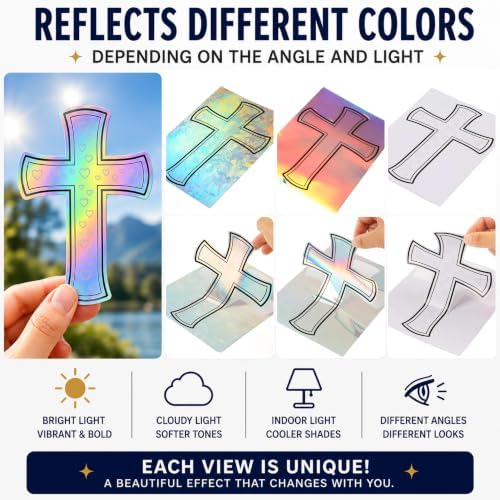 Christian Holographic or Reflective Cross Car Decal, Jesus Cross Vinyl Sticker with Subtle Dove or Heart Pattern, Weather Resistant Bumper Window Decal for Car Truck Motorcycle Laptop (Prism Heart)