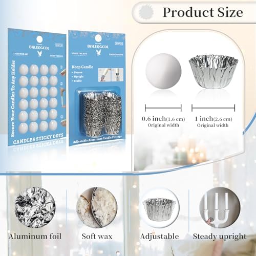 Taper Candle Fittings Set 30 Silver Bobeches & 24 White Sticky Dots for Secure Placement in Taper Candle Holders