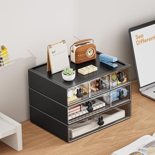 Marbrasse Desk Organizer with 6 Drawers, 3 Tier Stackable Storage Drawers Plastic Makeup Storage, Office Organizers and Storage, Desk Storage Box for Office, School, Home Black