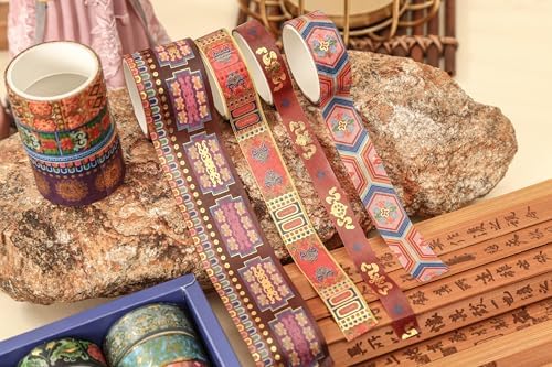 20 Rolls Chinese Style Washi Tape Set, Ancient Palace Pattern Decorative Masking Tapes with Gold Foil, Various Sizes for Craft, Scrapbook, DIY, Gift Wrapping (31-Crimson Glow Majesty)