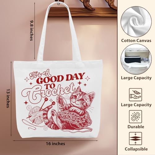 Crochet Knitting Humor Yarn Gifts Canvas Tote Bag, Reusable Grocery Shopping Bags for Crocheters Christmas