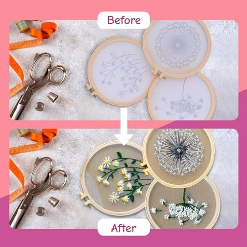 Clear Background Embroidery Kit for Beginners – DIY Hand Embroidery Kit with 3 Hoops, Stamped Patterns, Needles, Thread, Scissors – Minimalist Embroidery Set for Adults, Teens, Women, Craft Lovers
