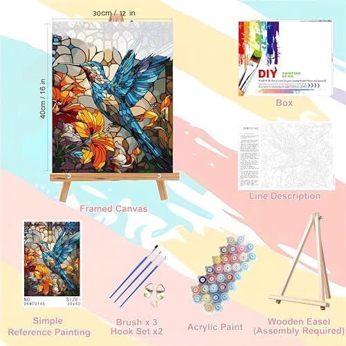 Hummingbird Paint by Numbers for Adults with Framed Canvas - Wooden Easel