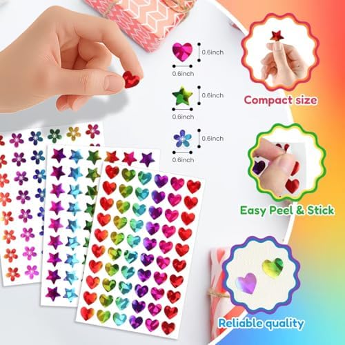 1,620 Pcs 0.6" Holographic Star, Heart, Flower Stickers Rewards