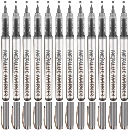 Metallic Acrylic Paint Markers, 12 Pcs Soft Brush Tip Marker Pens for Stone,Paper,Wood,Glass,Fabric Paint,DIY Crafts (12, Silver)