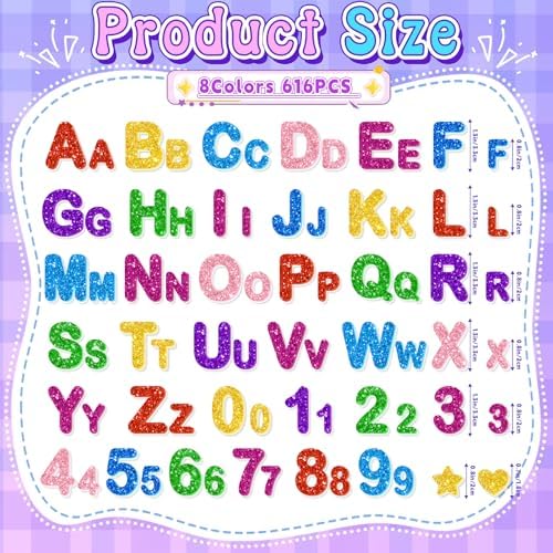 616 PCS Glitter Foam Letter Stickers,Foam Alphabet Number Stickers,8 Colors