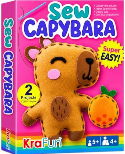 KRAFUN Beginner Sewing Kit, Sew Capybara & Orange, Pre-Cut Felt, Ages 5+