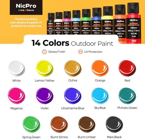 Nicpro 14 Colors Outdoor Acrylic Paint Set, 4oz Waterproof Acrylic Paints | Rich Pigmented Outdoor Paint for Beginners Artists on Rocks, Wood, Garden Statues, Crafts, Pumpkin, with Brushes & Sponge