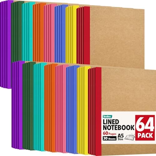 YesBes 64 Pack A5 Kraft Notebooks Bulk, 8.3'' x 5.5'' Lined Journal Notebook with Color Strip, Composition Notebooks Journaling Notebooks for School Office Students Artists, 8 Colors 60 Pages