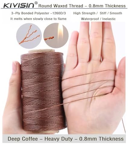 Bonded 0.8mm Round Waxed Polyester Cord, 3-ply Wax Coated Thread, 197 Yards Stiff String for Heavy Duty Fabric, Leather Sewing, Book Binding, Upholstery Repair, and Macrame Jewelry - Deep Coffee