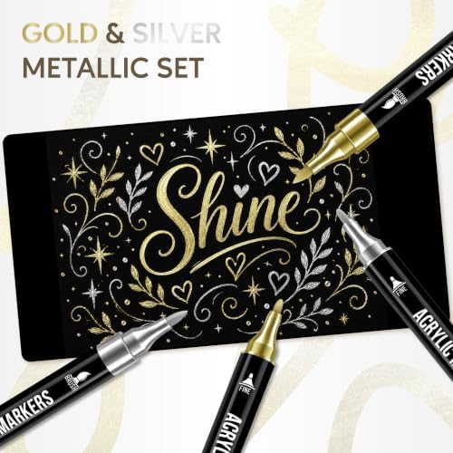 Pagather Gold and Silver Acrylic Paint Markers, 12 Dual Tip with Fine Tip and Brush Tip Pens for Fabric, Stone, Wood, Canvas, Ceramic, Metal, Glass, Rock Painting, DIY Crafts