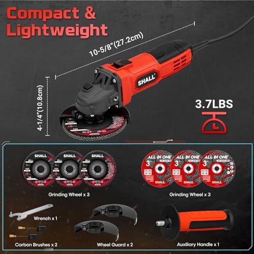 SHALL 4-1/2 Inch 11000 RPM Angle Grinder 4Amp with 2 Guards, 3 Cutting Discs, 3 Grinding Wheel, Non-Slip Handle, Wrench and Carbon Brush for Metal and Wood
