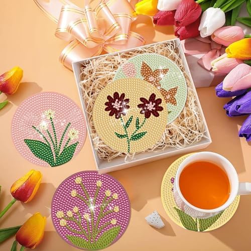 DOTSOPS 6 Pack Flower Diamond Art Coasters with Holder for Adults 4 in