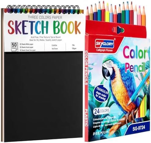 120gsm Sketch Book for Kids, 50 Sheets Spiral Sketch Pad with 24 Pencils