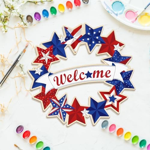 Large 12" Wooden 4th of July Crafts Star Ornaments to Paint, DIY Blank Unfinished Star Door Sign Wreaths for Front Door Plaque 250th Anniversary Hanging Patriotic Day Independence Day Decorations
