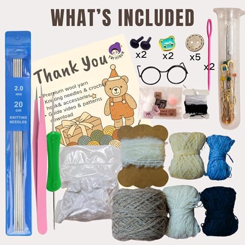 Yarnique Wool Bear Knitting Kit – Real Wool Amigurumi Kit for Adults with Video Tutorials | DIY amigurumi Crochet & Knitting Kit with Tools | Holiday Gift Craft Set (White Sweater)