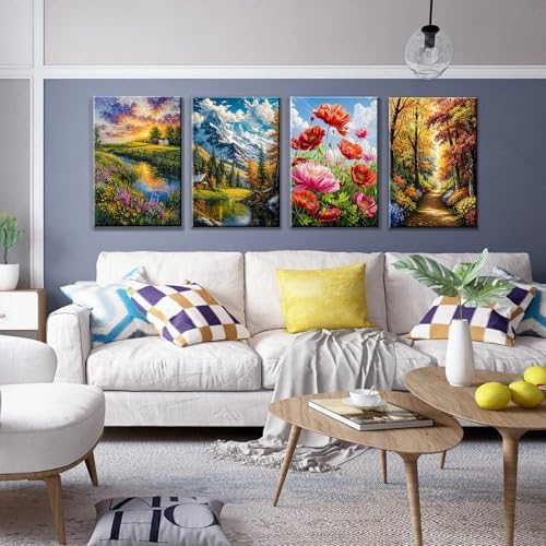 JOOZ 4 Pack Paint by Numbers Kit for Adults with Frame Landscape Paint by Number with Easel DIY Flowers Oil Painting Kits for Home Wall Decor 8x12 Inch