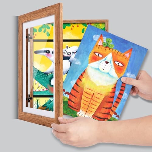 [2 Pack] Kids Art Frames, 10x12.5 Front Opening Kids Artwork Frames Changeable,Dark Woodgrain Artwork Display Storage Frame for Wall, Holds 50 Pcs, for 3D Picture, Crafts, Children Drawing, Hanging