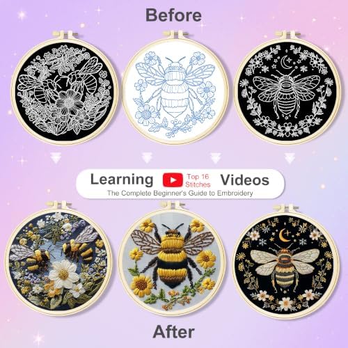 Huacan Embroidery Kit for Adults Beginners with 3 Hoops & Gift Box