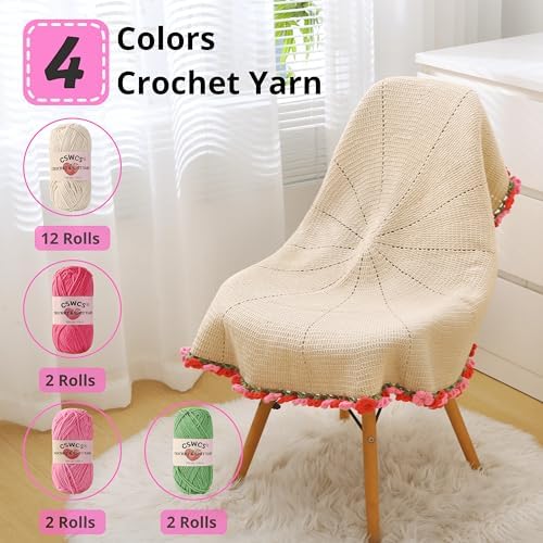 CSWCS Crochet Blanket Kit for Beginners, 40 inches Flower Bouquet Shawl Throw Kits for Adults, Learn How to Knitting with Yarn, Hook & Instructions, Gifts for Women Home Decor (Pink-red Hydrangea Kit)