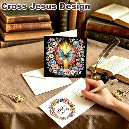 Zyvoreva 12 PCS Cross Diamond Painting Greeting Cards with Envelopes, Religious Diamond Art Kits for Adults, 5D DIY Bible Butterfly Art Crosses Cards for Birthday Baptism Sympathy Gifts (Cross)