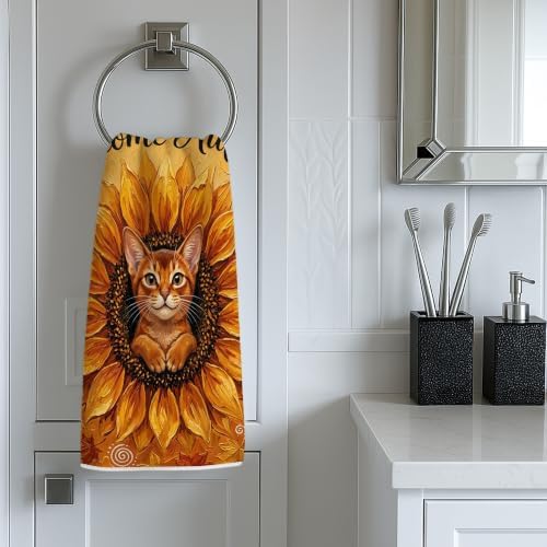 Oil Painting Fall Abyssinian Cat Kitchen Hand Dish Towels Set of 2, Autumn Sunflower Maple Leaf Pattern Quick Dry Dishcloths, Cool Housewarming Gift for Home Cooking Kitchen Bathroom