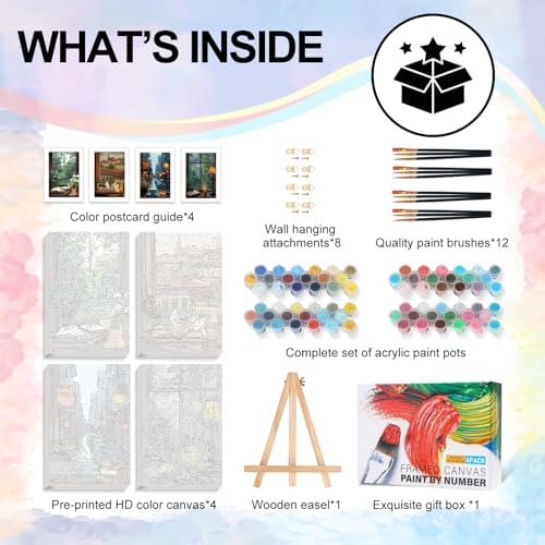 4 Pack Framed Paint by Numbers Kit for Adults Window View, Wooden Easel | With Frame, Book Lovers DIY Acrylic Painting, For Adults Beginner, Stress Relief Craft Kits, Home Wall Decor Gift, 8x12 IN