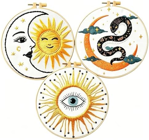 Zhenqing Celestial Embroidery Kit for Beginners, 3-Piece Moon Sun Snake Eye Needlework Set with Pre-Printed Fabric, Hoop, Threads & Tools (C0157)