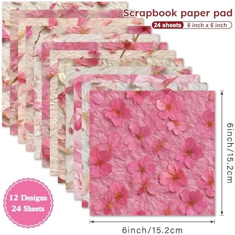 6-inch Pink Scrapbooking Paper Pad - 24 Sheets Aesthetic Flower Patterned Decorative Collage Journals Decoupage for Wrapping Folded Supplies Gift Cards DIY Crafts Scrapbook Photo Album