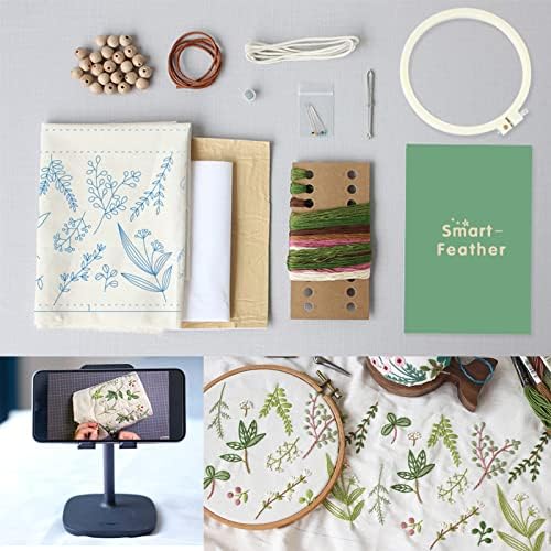Smart-Feather Embroidery Drawstring Bag Kits with Patterns, Needlepoint Sewing Handbag Kit for Beginners, Embroidery Start Kit with Hoop