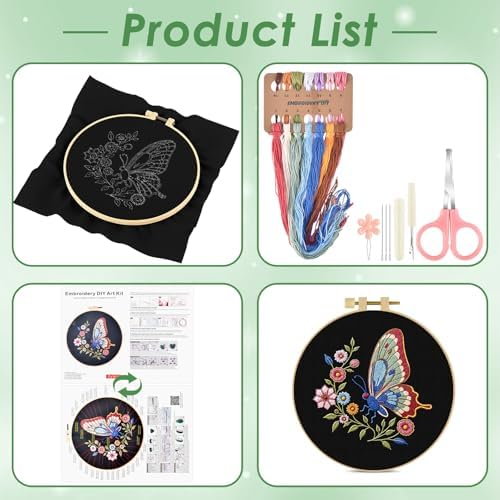 ERKOON Embroidery Kit for Beginners Adult, Cross Stitch Set Include Embroidery Cloth Hoop Threads for Craft Lover Hand Stitch with Embroidery Skill Techniques (Butterfly)