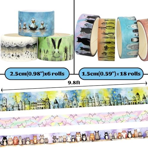 Kawaii Washi Tape Set 24 Rolls - Cute Animals for Scrapbook Journal Craft
