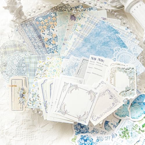 100Pcs Light Blue Vintage Scrapbook Paper & Journaling Stickers Set, Mix Sizes Antiqu Printed Craft Paper, Retro Floral Design Junk Journal Supplies for DIY Card Making, Journaling, Photo Album