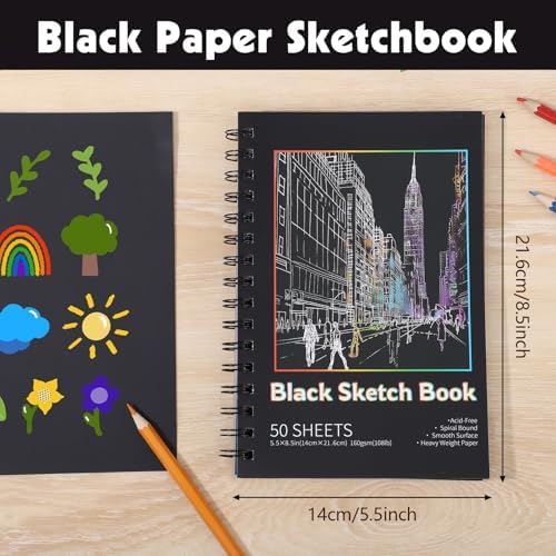 160gsm Black Paper Sketchbook 5.5x8.5in, 50 Acid-Free Black Paper Notebook