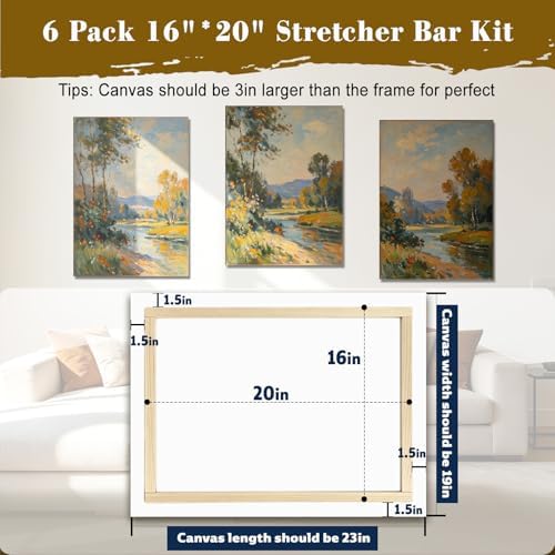 6 Pack 16x20 Inch Canvas Stretcher Bars, DIY Wood Canvas Frame Kit for Oil Painting, Paint by Numbers, Poster, Embroidery Stitch & Needlepoint Art Projects