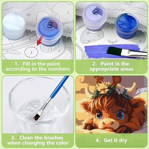 Reivworl Cow Paint by Numbers Kit for Kids with Frame 8×8 inch