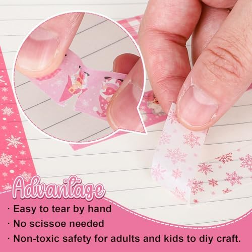 Whaline 12 Rolls Pink Christmas Washi Tape Winter Snowflake Santa Xmas Tree Washi Tape Christmas Holiday Pink Decorative Masking Tape Assortment for Scrapbook Journal DIY Crafts Gift Wrapping