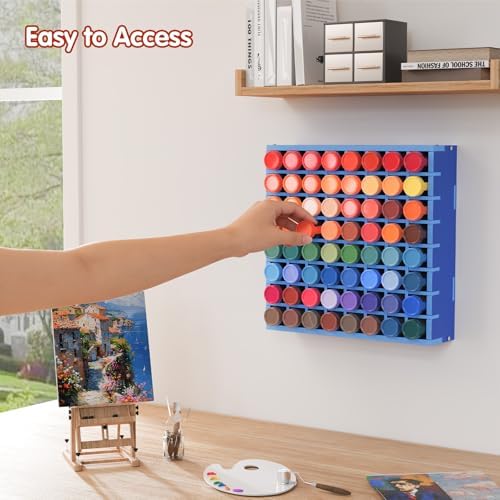 Krafetto 64-Grid Paint Organizer for 2 Oz Bottles, Wall Mount, Blue
