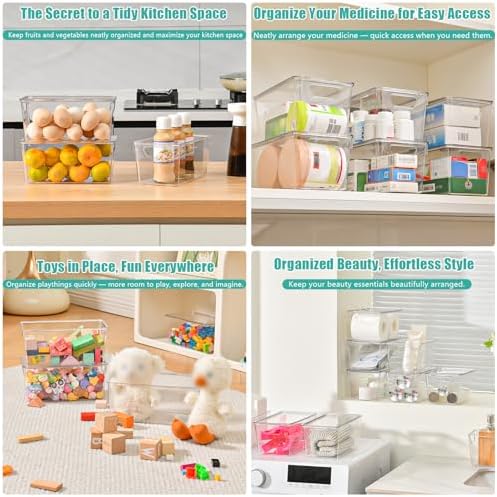 6 Pack Small Clear Storage Bins with Lids, Acrylic Arts and Craft Storage Containers, Stackable Clear Plastic Craft Storage Bins with Handles for Classroom Storage Organization,Kitchen, Fridge, Office