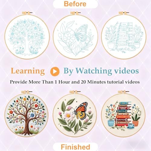 FEIYUENO 3 Sets Embroidery Stitch Kit for Beginners Adults (Tree Book)