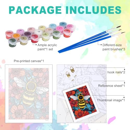 GEEHEIY Paint by Numbers Kit for Adults, Bee Number Painting, 16 x 20 Inch | DIY Adult Paint by Number Kit on Canvas for Beginners, without Frame, Botanical Wall Decor, Stress Relief Craft Gift
