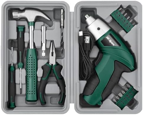 Hi-Spec 3.6V USB Electric Screwdriver for Home Repairs and Assembly, Green | 19pc, fast assembly help, common screw bit selection, LED visibility, compact grip, quick household fixes, organized storage