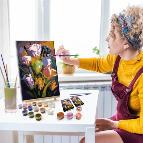 JOOZ Paint by Numbers Kit for Adults Flowers Paint by Number with Frame Floral Paint by Number with Easel Tulip Digital Oil Painting Kits for Gift Home Wall Decor 7.87x11.81 Inch