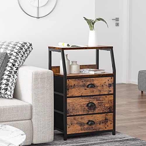 Furnulem Nightstand with 3 Fabric Drawers, Small Bedroom Storage Cabinet