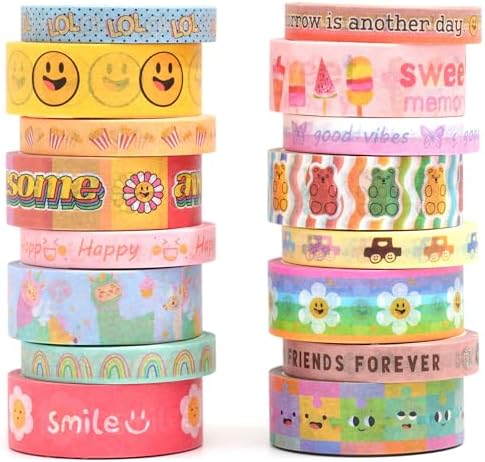 Cute Cartoon Washi Tape Set 16 Rolls Bright Colors Kawaii Masking Graphic Decorative Tapes for Arts, DIY Crafts, Journals, Planners, Scrapbook, Wrapping