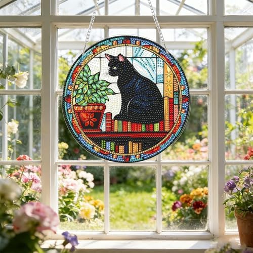 CRZMODE Black Cat Diamond Art Hanging Kit for Adults, Cat Pendant Diamonds Painting Art Kit, Special Crystal Diamond Art Painting Pendant Ornament, Craft Gift for Women Home Window Decor
