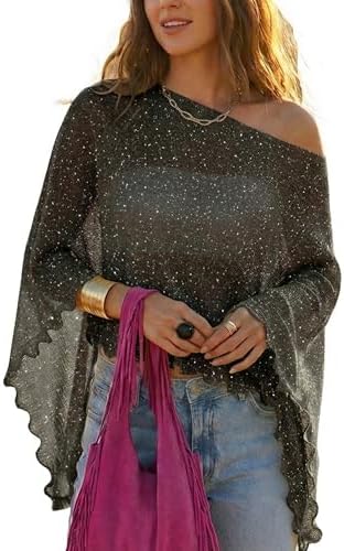 MAKABO Women's Crochet Sheer Poncho Top Lightweight Sparkly Shrug Pullover Knit Bolero Sweater Cover Up Beachwear