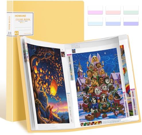 A3 Diamond Painting Storage Book, 60 Views Art Portfolio Presentations Folder with 30 Pages Protectors, 17.3x12.8in Yellow
